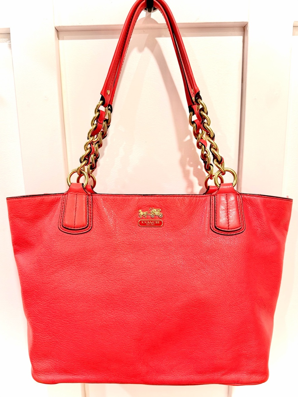 COACH Madison Leather Chain Tote Bag Persimmon Orange Gold Hardware